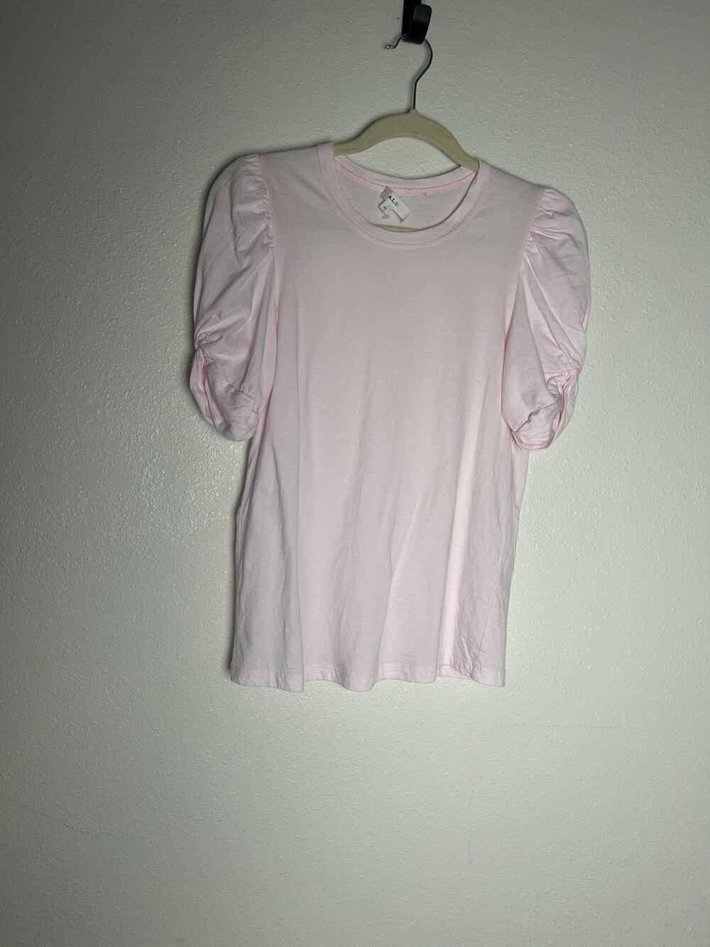 $135 A.L.C. Women's Pink Short Puff Sleeve Round-Neck Cotton T-Shirt Top Size XS